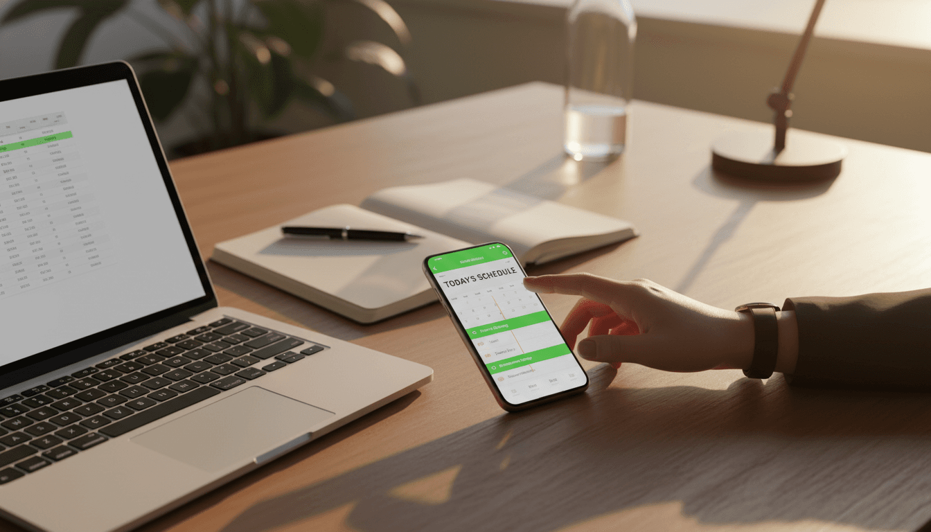 Professional reviewing scheduled appointments on smartphone at modern office desk